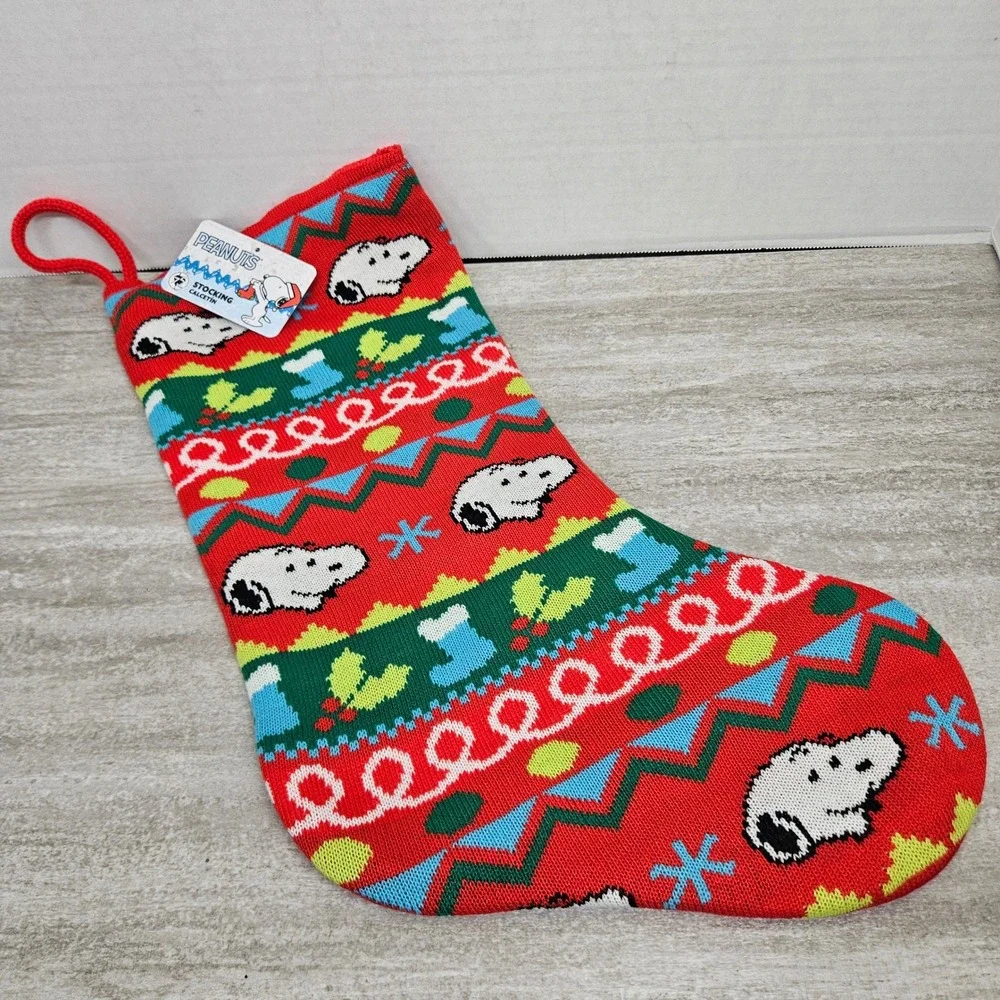 Peanuts Snoopy Christmas Stocking Red Green‎ Holiday Knit Festive Gift